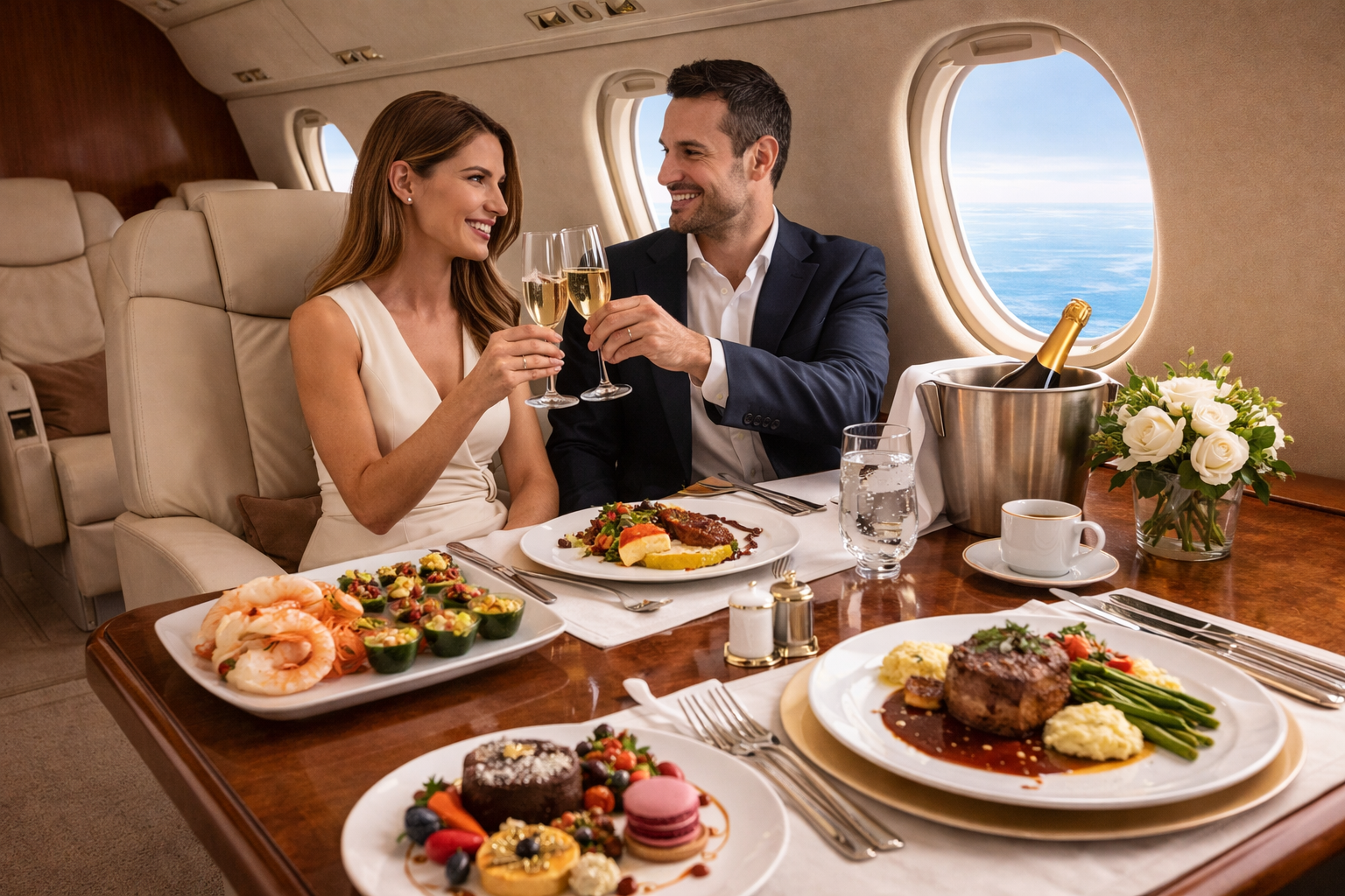 Private jet cabin with luxury catering presentation for Air de Cuisine