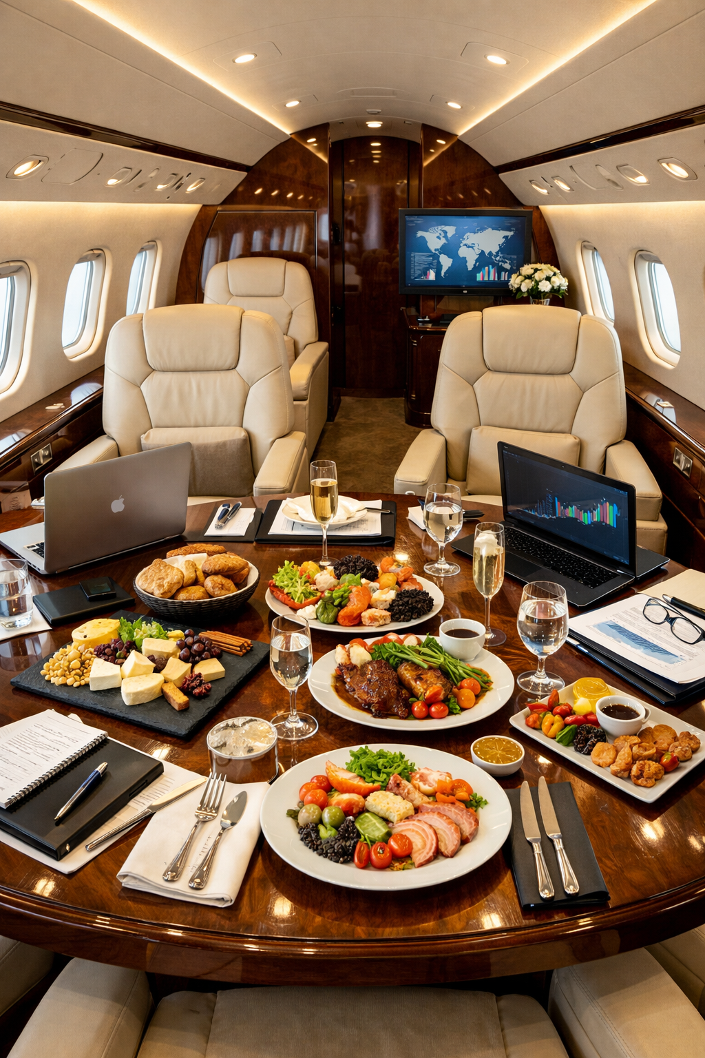 Executive jet cabin prepared for premium catering